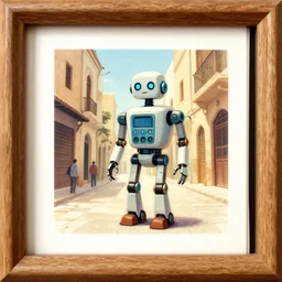 robot, illustrated - booklet, wooden framed, editorial photography, warm color palette, street of algiers
