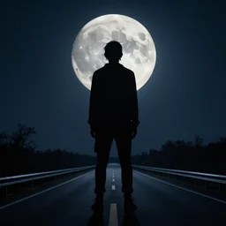 silhouette human figure on a full moon night on a highway, morbid