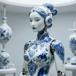 porcelain cyborg medical assistant, Chinese Blue and white porcelain, diffuse lighting, fantasy, intricate, elegant, highly detailed, lifelike, photorealistic, digital painting, artstation, illustration, concept art, smooth, sharp focus, art by John Collier and Albert Aublet and Krenz Cushart and Artem Demura and Alphonse Mucha