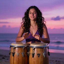 latino girl on the beach playing the conga’s with an purple pink sunset