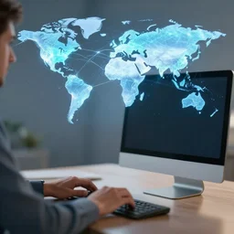 photo person using a computer, background | in the background appears a 3d illustration of the world interconnected by the internet