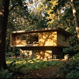 architecture ad for a mid-century modern house in the forest, designed by Kengo Kuma. Film grain, cinematic, yellow hue