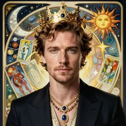 michael fassbender portrait by louis - theophile hingre and alphonse mucha, realistic, sharp focus, zodiac signs, tarot cards, planets, ethereal, art nouveau, magic, moon, sun, crown, dreamy, royal, jewellery