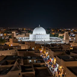Huge Persian white temple in a plaza, round roof. At night low angle in the middle of a adobe house kasbah town, mud and brick houses, merchant street, pueblo dense architecture, colorful crowd.  Scenic view at night, underexposed, clean horizon, matte painting by craig mullins and dan mumford, dark fantasy, style of game of thrones, concept art trending on artstation, 4k, insane details