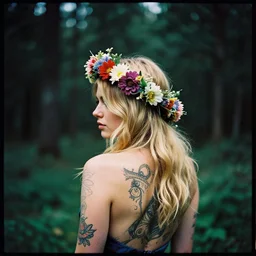 kodak portra 4 0 0 photograph of a gorgeous blonde young woman standing in a dark forest, back view, flower crown, moody lighting, telephoto, 9 0 s vibe, intricate back tattoos, blurry background, vaporwave colors, faded!,