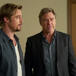 Subject 1: brad pitt on the left. Subject 2 Mark Ruffalo in the center. Shot on alexa 65 cooke 25mm, rule of third, cinematic