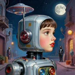 zoomed out profile face portrait of a girl tin toy robot, 1 9 5 0 s scifi, ufo, flying saucer, moon, meninblack, steampunk, alley, streets, nicoletta ceccoli, mark ryden, lostfish, max fleischer, hyper realistic, artstation, illustration, digital paint, matte paint, vivid colors, detailed and intricate environment