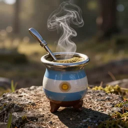 an argentinian cup of mate and a metallic staw, photorealistic, outdoors, hot steaming, intricate digital art