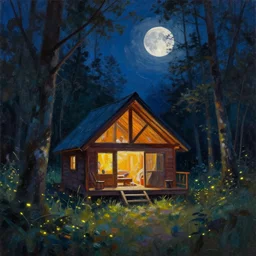cozy cabin in forest at night, fireflies, full moon, oil paibting, abstract, mysterious, backlight
