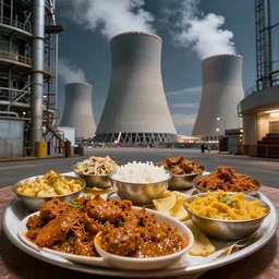 delicious indian food inside meltdown nuclear power plant. photograph.