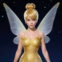 kiernan shipka as tinkerbell, a beautiful art nouveau portrait by Gil elvgren, moonlit starry sky environment, centered composition, defined features, golden ratio, gold jewlery, photorealistic professionals lighting, cinematic, sheer