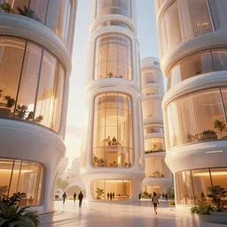the inside of a very tall building, big pods, big windows, octane render, warm colour scheme, white, cyberpunk architecture by zaha hadid, cinematic, scenery, high detail, high quality, close up angle, people walking