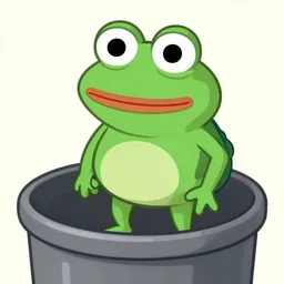 pepe the frog standing in a trash can