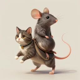 a heroic mouse riding on the back of a prancing cat, photography, hyperrealistic, by greg rutkowski, smooth, illustration, elegant, artstation, digital painting.
