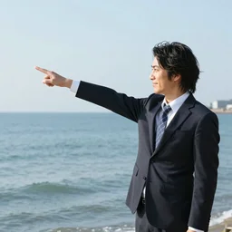 japanese man with long hair in a suit standing in the ocean pointing!!!!!! at the camera, sunset, album cover, 1980, tatsuro yamashita
