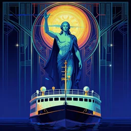 Charon the ferryman of Hades by Rolf Armstrong, volumetric lighting, high contrast colors, empyrean, art deco, panoramic view, as trending on Artstation, highly detailed,