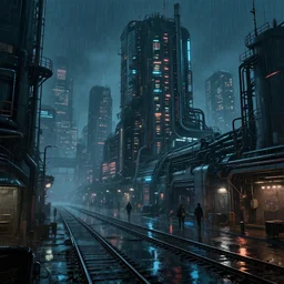 cyberpunk industrial site. cyberpunk factories. cyberpunk city backdrop. night time. blade runner. rain. rail tracks. cyberpunk industrial area. digital render. digital painting. cyril roland. ross tran. trending on artstation