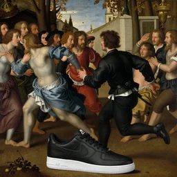 a crowd running away from a man wearing black air force 1 s, renaissance painting, 1 6 th century