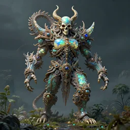 ancient giant dead god being made of opal in desolate and lush landscape, moody, :: by James Jean, Jeff Koons, Dan McPharlin Daniel Merrian :: ornate, dynamic, particulate, rich colors, intricate, elegant, highly detailed, centered, artstation, smooth, sharp focus, octane render, 3d