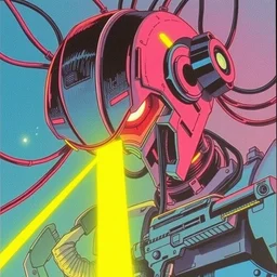 a close - up grainy, risograph painting, hyper light drigter, neon colors, a big mech droid head, wires around, floating above the sharp peaks weapons, edena's world, style by moebius and kim jung gi