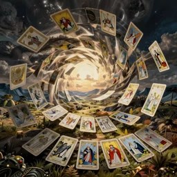 whirlwind of tarot cards, art deco, volumetric lighting, landscape