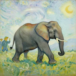 elephant running after people painted by van Gogh