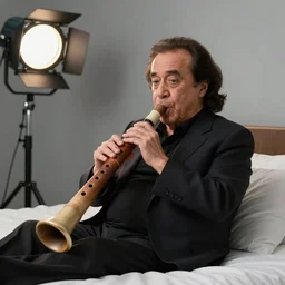 Danny DeVito on a bed playing with his didgeridoo, cinematic, Dr. Eggman studio light, 8K