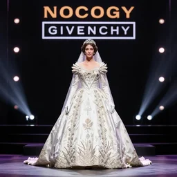 Queen Victoria's wedding dress designed by Givenchy, stage lighrt, award winning fashion photo