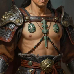 tai warlord, closeup portrait, historical, ethnic group, traditional costume, leather armor, fantasy, intricate, with dong son bronze artifacts, beads cross onbare chest, elegant, loin cloth, highly detailed, oill painting, artstation, concept art, matte, sharp focus, illustration, hearthstone, art by earl norem