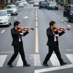 violinists crossing freeway, photo, detailed, 4k