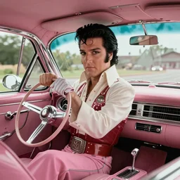 elvis driving a vintage ford taurus pink interior shot. film still. 4 k hd image, trending on artstation, featured on behance, well rendered, extra crisp, features intricate detail, epic composition and the style of quintin tarantino.