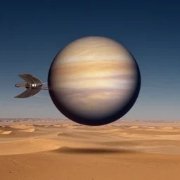 award winning photo of neptune hovering over a supermassive desert like a helicopter
