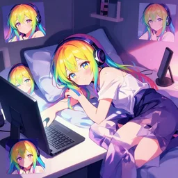 digital anime art!!, gamer girl! bedroom sleeping on desk!!, rainbow eyes, rainbow hair, iterations = 5 0 0 0, trending on pixiv, artstation, deviantart, sakimimichan, artgerm - n 9