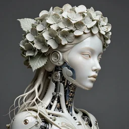 complex 3 d render, hyper detailed ultrasharp biomechanical female cyborg portrait with a beautiful porcelain profile face, elegant crown with big hydrangea foliage leaves stems roots, alexander mcqueen haute couture, art nouveau fashion, 8 k