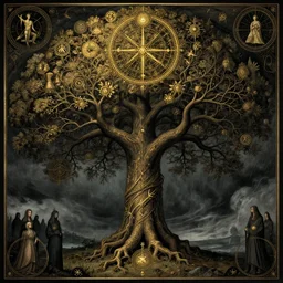 yggdrasil the world tree standing alone in a stormy scenery, gothic, renaissance, ornaments, symbolism, astrology, esoteric, norse mythology, worldtree, yggdrasil, art by giger, gustave dore and greg rutkowski and magali villeneuve and beksinski, golden ratio, rule of thirds, highly detailed, digital painting, trending on artstation, concept