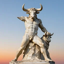 marble sculpture of moloch by miguel angel, digital art, classical art, sharp focus, clear sky, muscular bull headed man, sunset