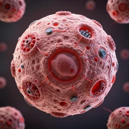 big spherical cell with organoids and electronic implants and wires a photorealistic and detailed tesselated hyperbolic rendering with fish-eye effect in light pink and red shades