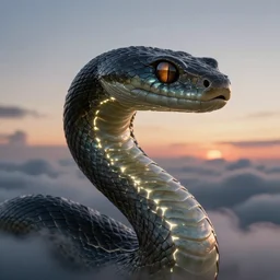 biblical mage android snake, deep gaze to the side, closeup, bright glowing veins, in clouds, sunset, portrait, by gerald brom, by mikhail vrubel, by peter elson, muted colors, extreme detail, reflections, trending on artstation, 8 k