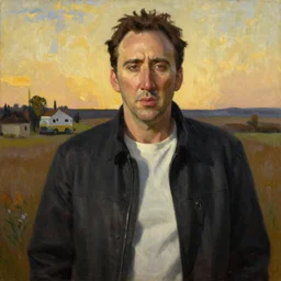 Nicolas Cage as an Android, oil on canvas, golden hour, in the world of Andrew Wyeth, artstation, by J. C. Leyendecker and Peter Paul Rubens,