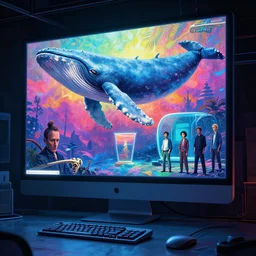 a large computer, a gigantic computer screen, large glowing computer screen in the style of francis bacon and edward hopper and james gilleard, zdzislaw beksinski, by greg rutkowski, tristan eaton, victo ngai, vibrant background, whale skeleton, big aquarium