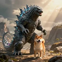 godzilla as a shiba inu in a godzilla still film