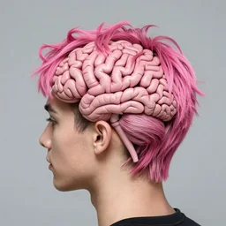 an awesome hairstyle shaped like an artistic depiction of the human brain and dyed pink just in time for Halloween