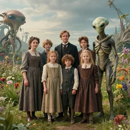 still from a sci fi blockbuster movie made in 2022, set in 1860, of a family standing next to some strange wild alien plants and flowers, family are wearing 1850s era clothes, a humanoid alien standing nearby, in a park on a strange alien planet, good lighting, 8k, in focus faces, good photography, oscar winner