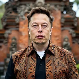 A Photo Portrait of elon musk Wearing Indonesian Batik at a Balinese temple, award winning photography, sigma 85mm Lens F/1.4, blurred background, perfect faces