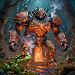 armored titans can smoke instantly in the adamant house intricate detailed glowing engravings, ornate, ancient forest, vibrant colors, frog perspective, D&D, Magic The Gathering, by Craig Mullins, volumetric lighting,