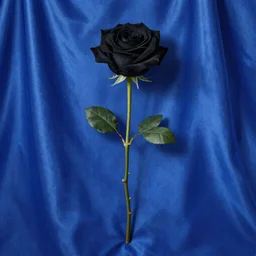 Beautiful illustration of one long-stem black rose in full bloom, blue satin backdrop, by Greg Hildebrandt