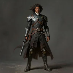 a brown skinned male demon hunter with mid dark curly hair and a futuristic priest uniform, windy, he is holding a gun, stoic, modern, hes alone, maximalist fashion, cgsociety, hyperdetailed, dramatic, epic painting, painted by jean honore fragonard and greg rutkowski, full body, octane render, sharpness, 8 k, golden ratio