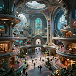 hyperdetailed concept art of a elaborate sprawling future colorful museum, unique architecture, multiple levels, busy, tourists, very detailed, volumetric lighting, moody, ambiance