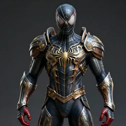 hyper realistic glorious ancient celtic spiderman in a obsidian metal armor, futuristic design, designed by makoto kobayashi and luca zampriolo, portrait, cyberpunk style, wood and gold details, intricate, extremely detailed, ornate, deep of field, hard surface, exoskeleton, substance designer metal unreal engine. amazing likeness. very detailed.