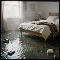kodak portra 4 0 0 photographic and realistic, bedroom, detailed, octane render, unreal engine, 4 k, artstation, hyper realistic, wide angle, floor flooded, how a river, objects that float, 3 5 mm, sharp focus, soft light, volumetric light fog, in the style of gregory crewdson